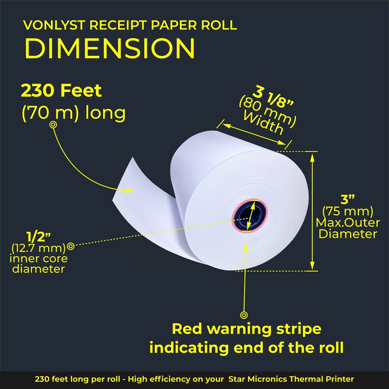 Vonlyst Receipt Paper Roll 3 1/8 x 230 for Square Register and Square POS System connected to Star Micronics Thermal Printer (Pack 12 rolls) - Image 3
